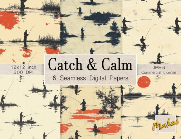 6 Vintage Lake Fishing Seamless Patterns