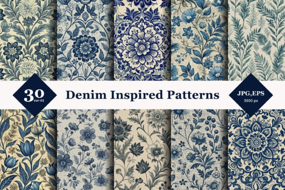 Denim Inspired Floral Seamless Patterns 03