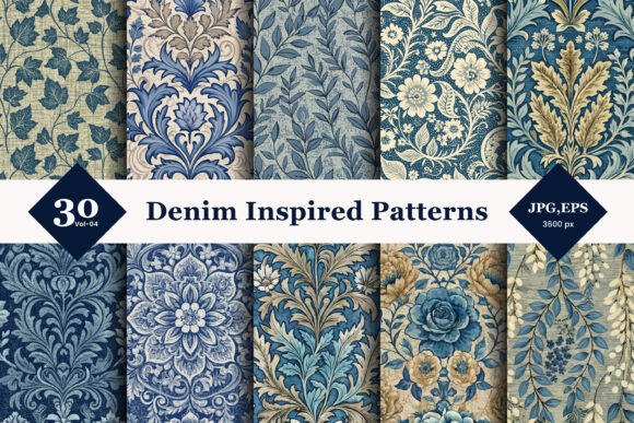 Denim Inspired Floral Seamless Patterns 04