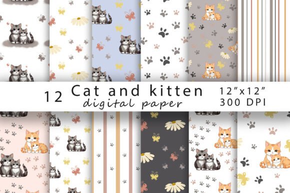 Digital Paper Cat and Kitten. Patterns