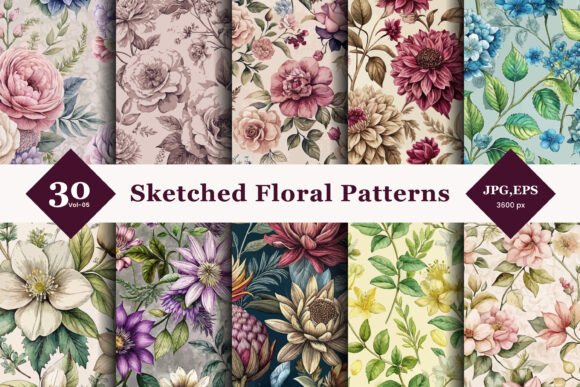 Hand Sketch Floral Seamless Patterns 05