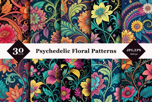 Psychedelic Floral Seamless Patterns 01