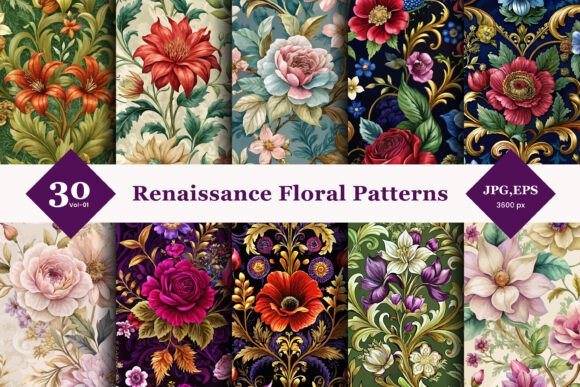 Renaissance Floral Seamless Patterns 01: Elevating Design with Historical Elegance