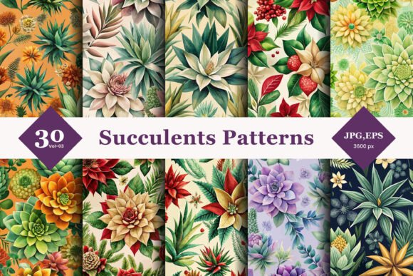 Succulents Floral Seamless Patterns 03